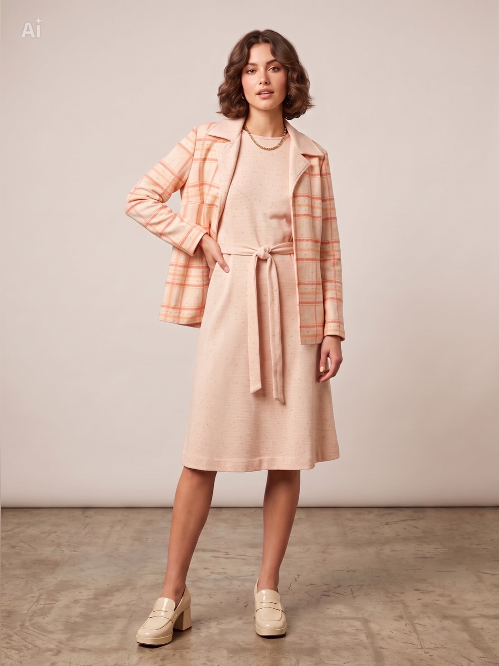 Vintage 70s coral plaid ladies dress suit
